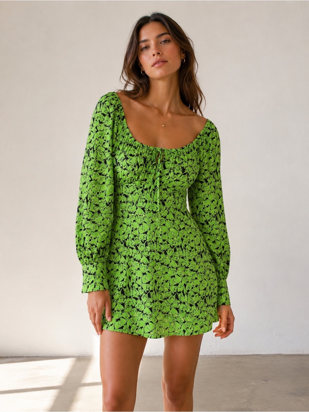 Top Shop Green Long Sleeve Sundress with Bishop Sleeves
